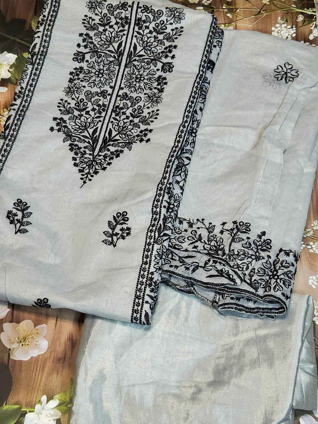Ash and black full embroiderey - Chanderi cotton unstitched material - ATB ✨️ - All things Beautiful ✨️