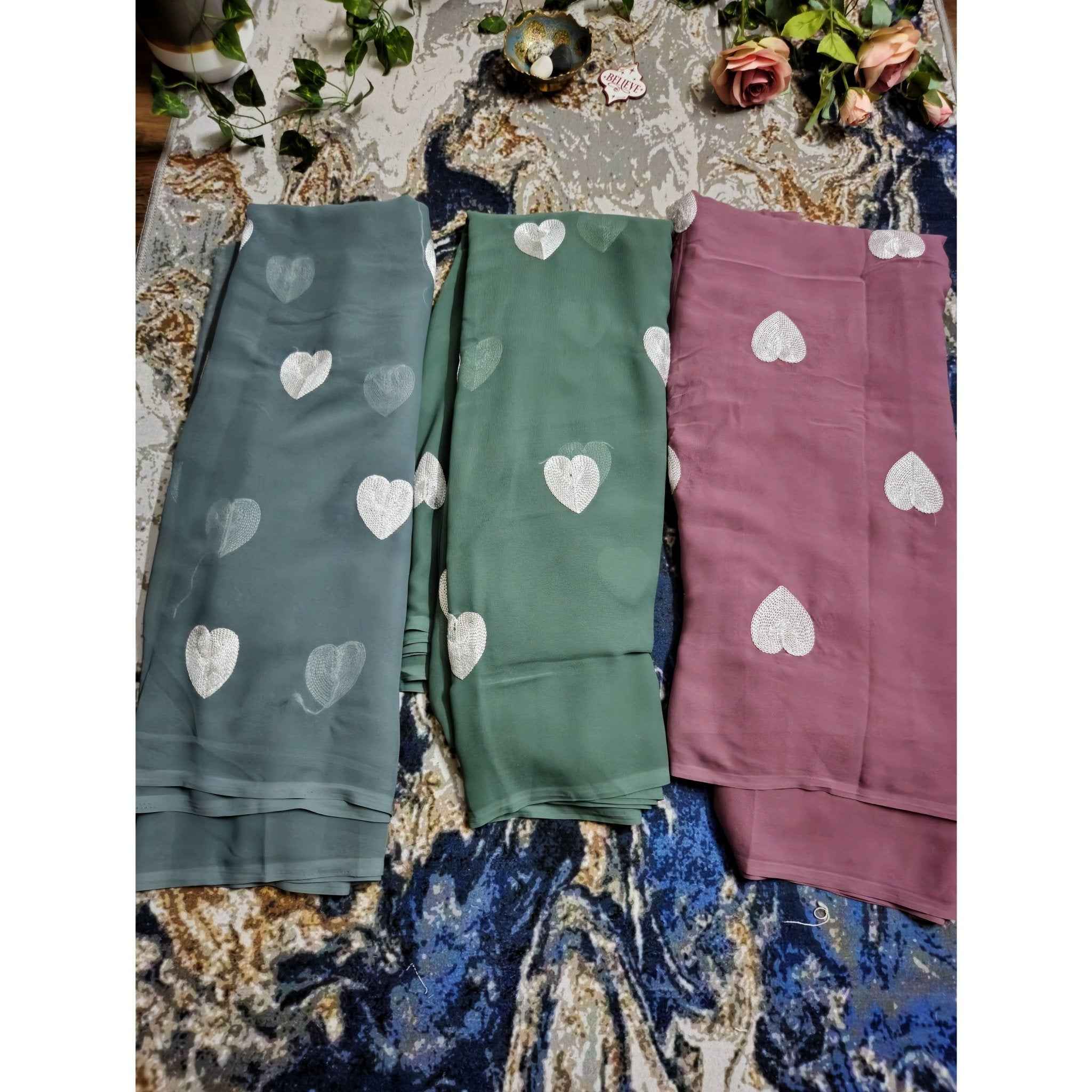Heart embroidered Georgette sarees with blouse piece - All things Beautiful ✨️