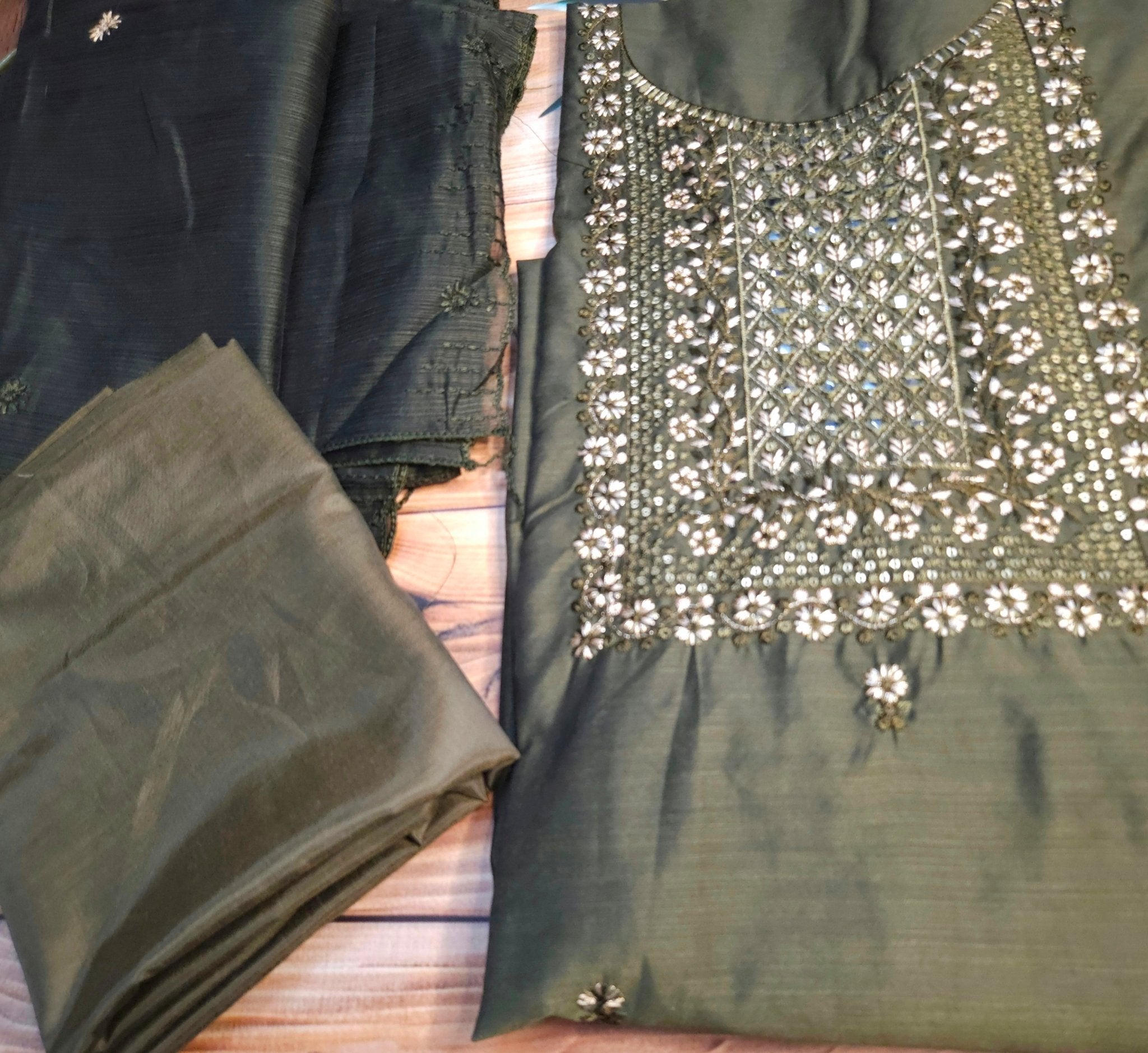 Mehendi Green embroidered cotton unstitched material - ATB - All things Beautiful ✨️