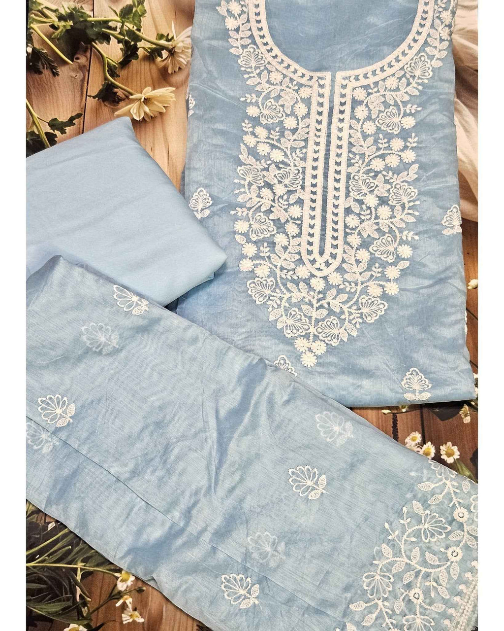 Powder Blue- Embroidered unstitched material- ATB