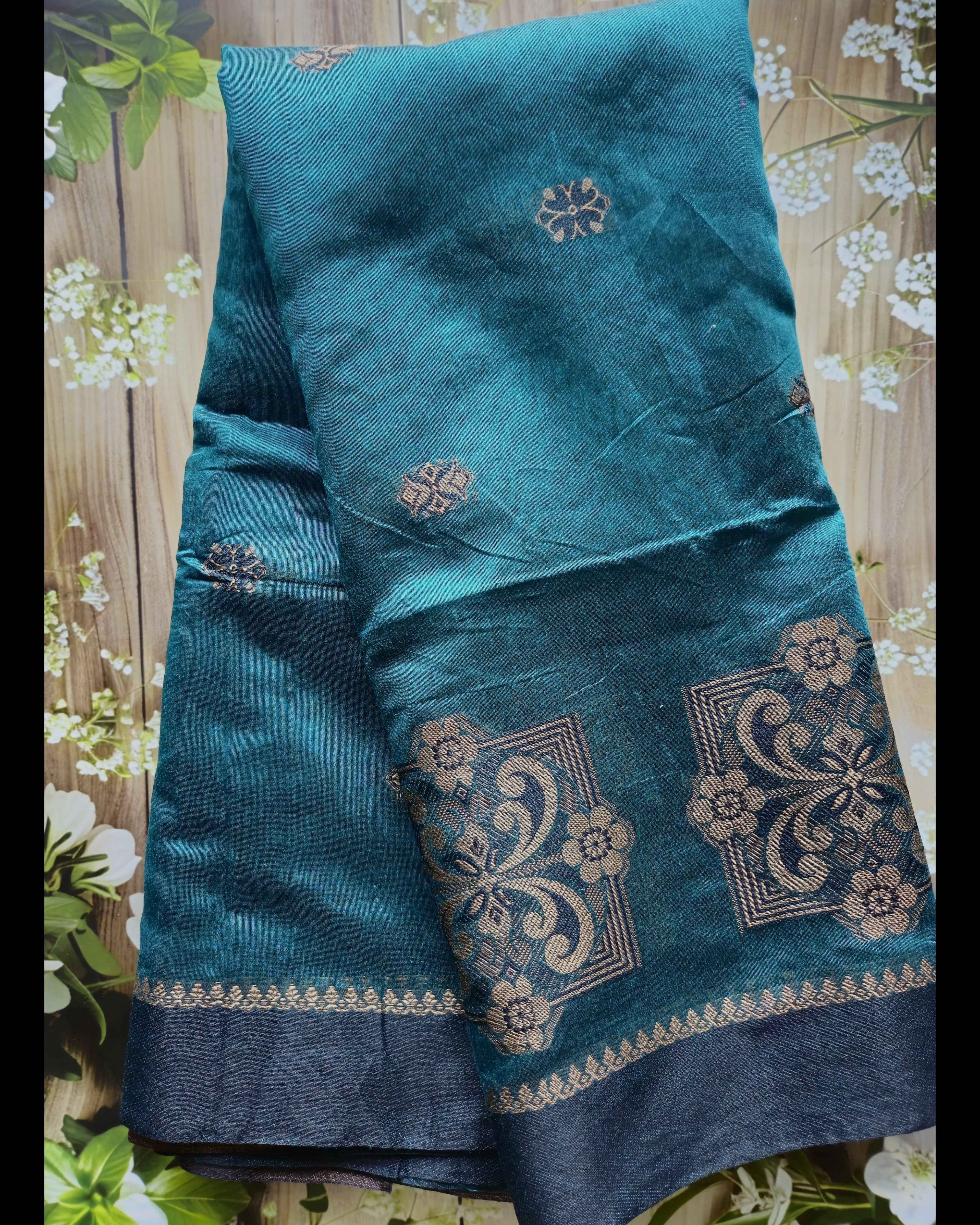Teal Green Handwoven Sarees - Premium Jute Cotton Fibres, Handpicked & Handwoven by ATB