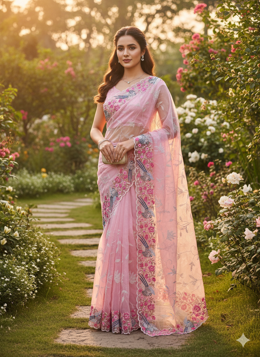 Organza saree- Bird embroidery- ATB - All things Beautiful ✨️