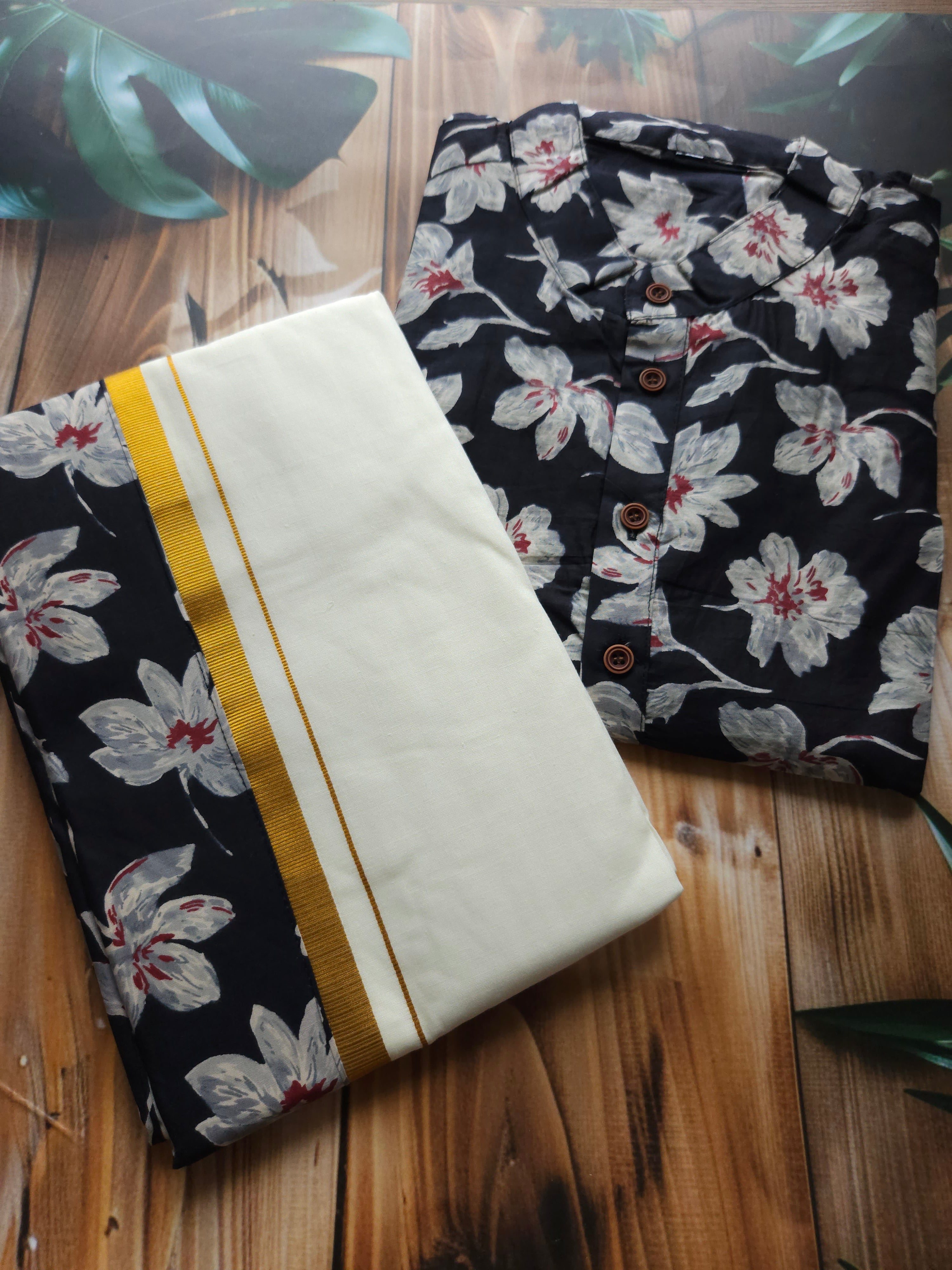 Men's Onam Combo - Shirt + Mundu/ dhoti - Hibiscus - ATB - All things Beautiful ✨️
