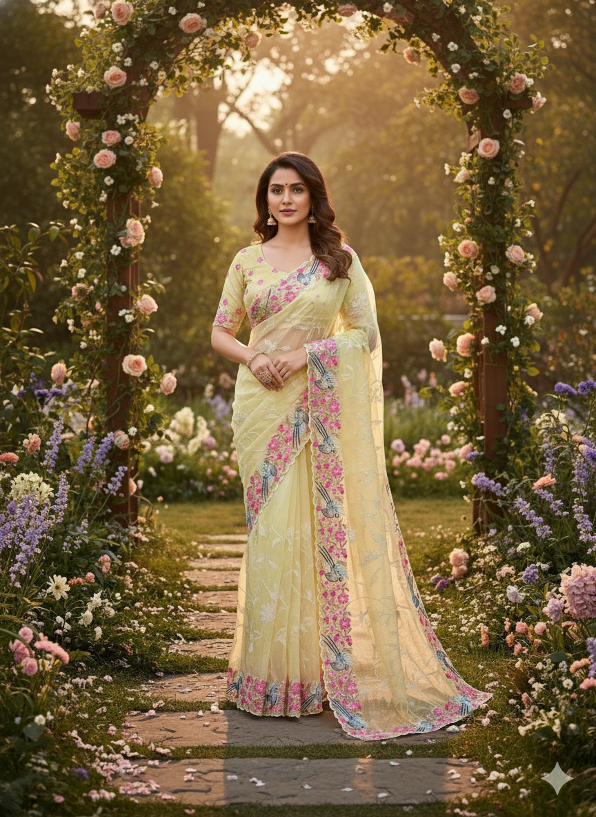 Organza saree- Bird embroidery- ATB - All things Beautiful ✨️