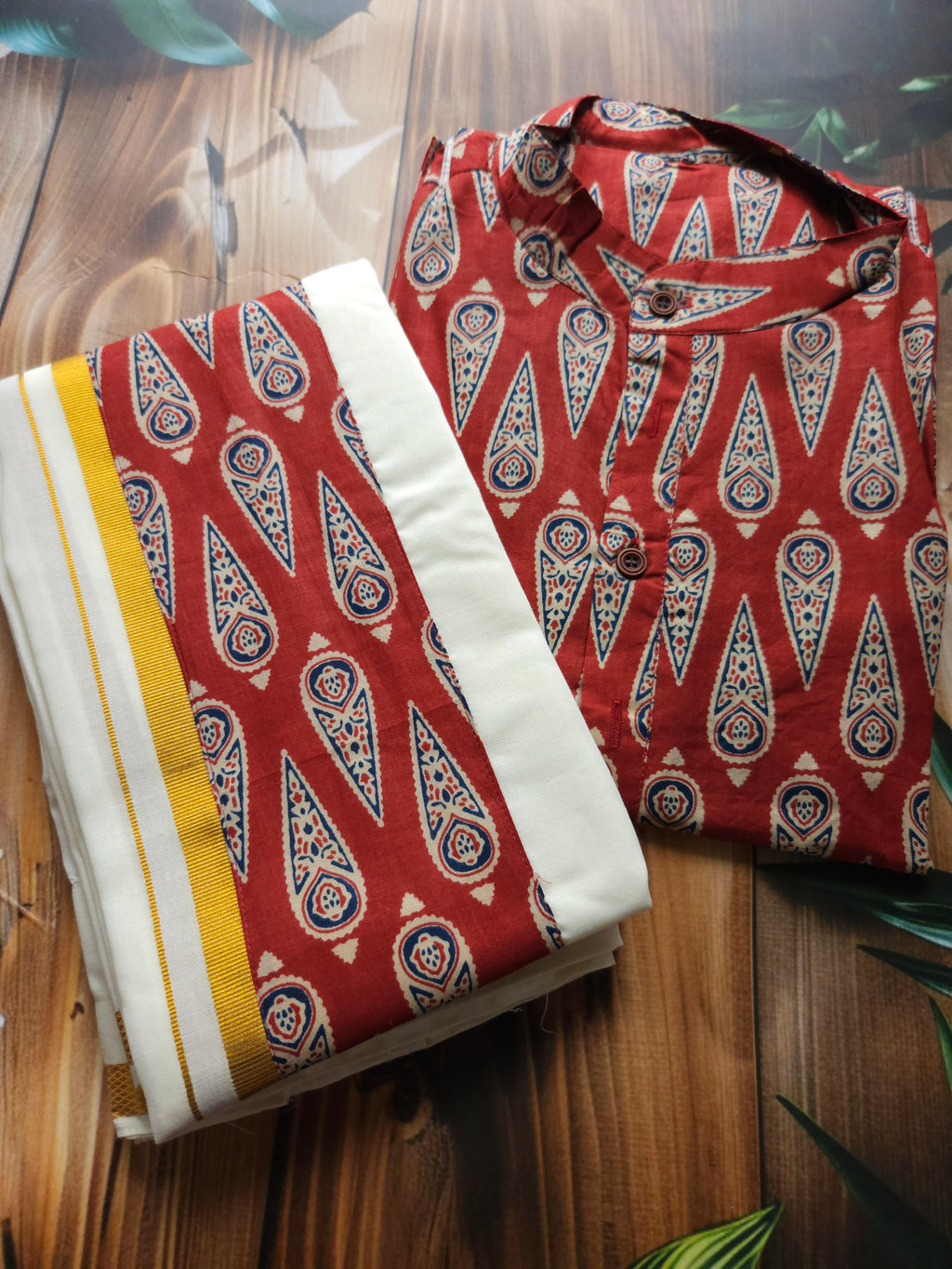 Men's Ajrakh Shirt and Mundu Combo - Traditional Ethnic Wear for Men - All things Beautiful ✨️