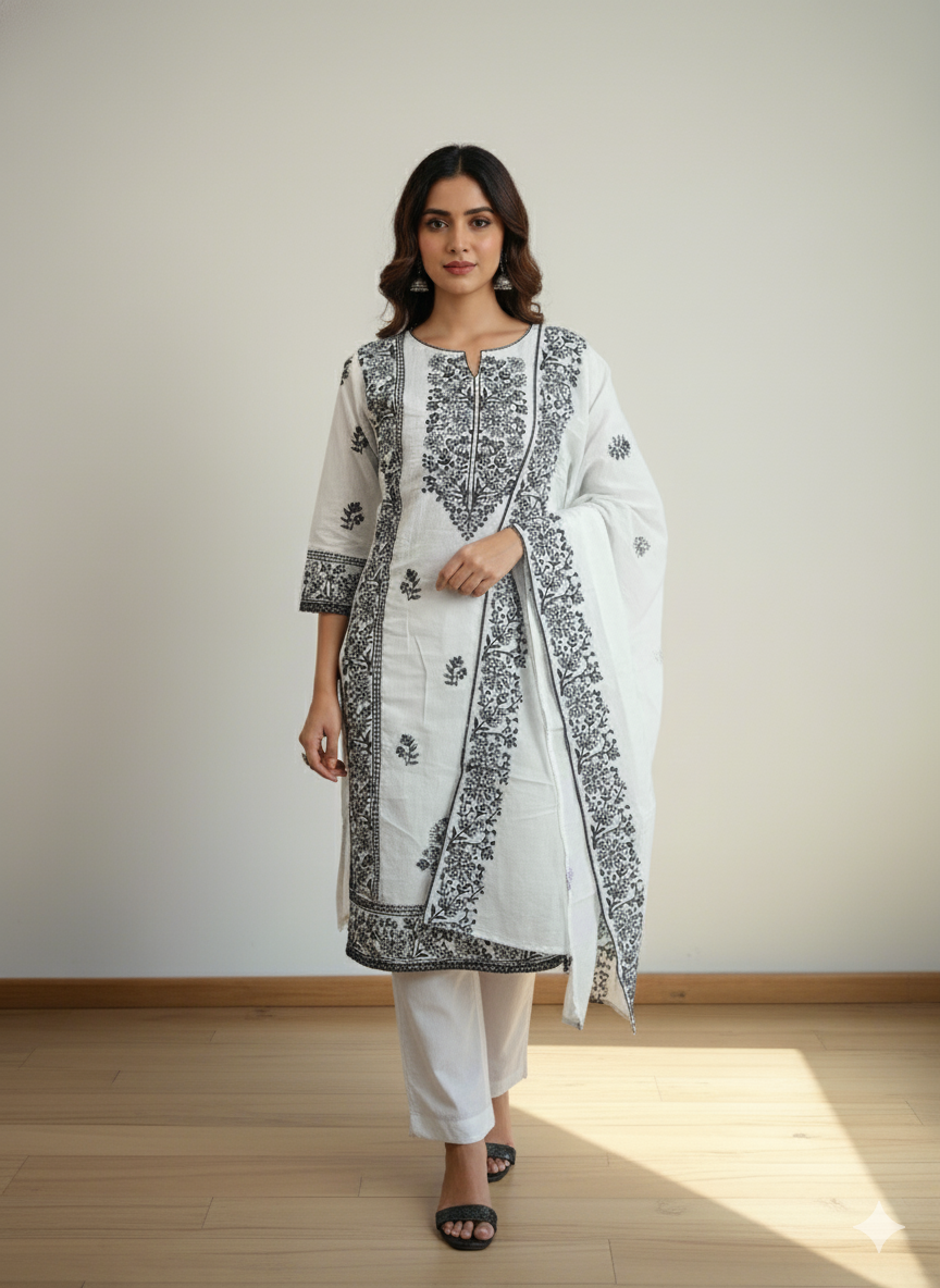 Ash and black full embroiderey - Chanderi cotton unstitched material - ATB ✨️ - All things Beautiful ✨️