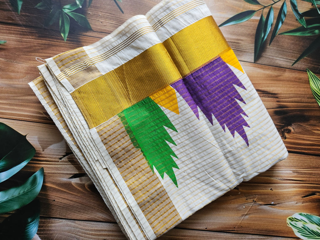 Kerala Saree Multi Color Temple Border - Elegance in Every Fold - All things Beautiful ✨️
