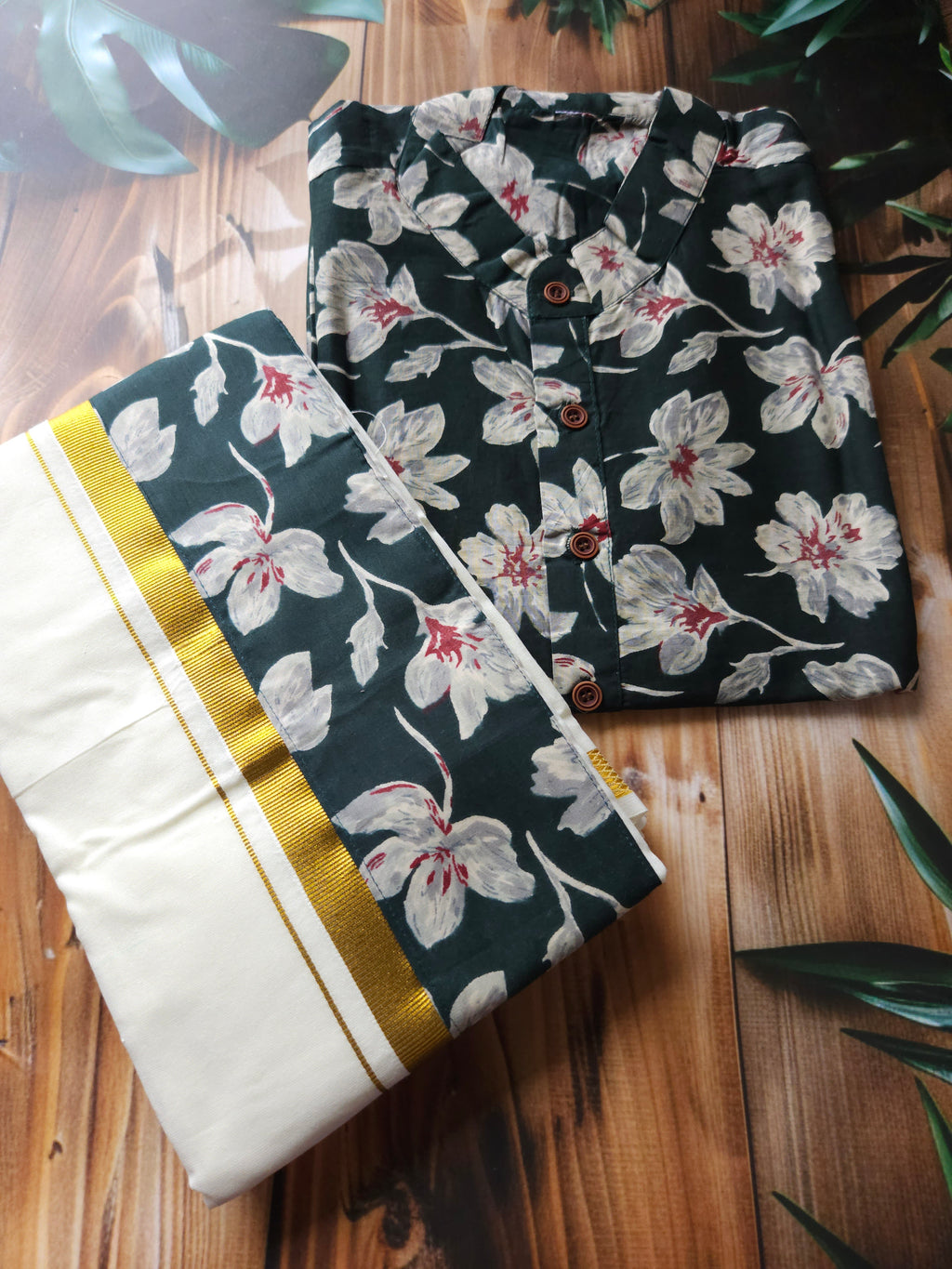 Men's Onam Combo - Shirt + Mundu/ dhoti - Hibiscus - ATB - All things Beautiful ✨️