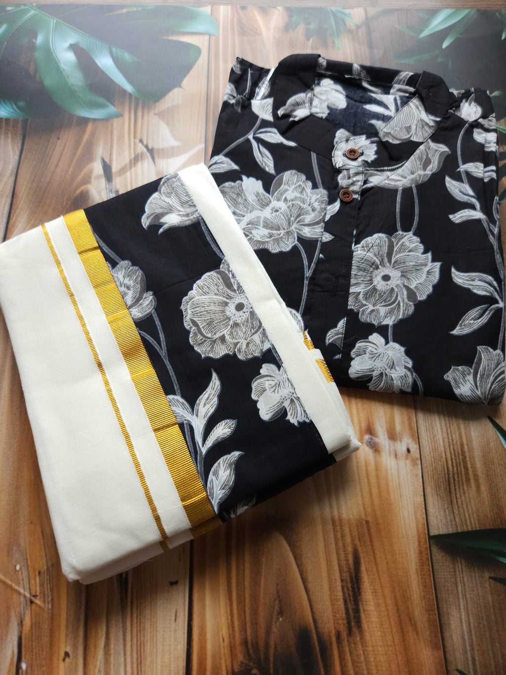 Men's Floral Shirt and Mundu Combo - Stylish Traditional Attire - All things Beautiful ✨️