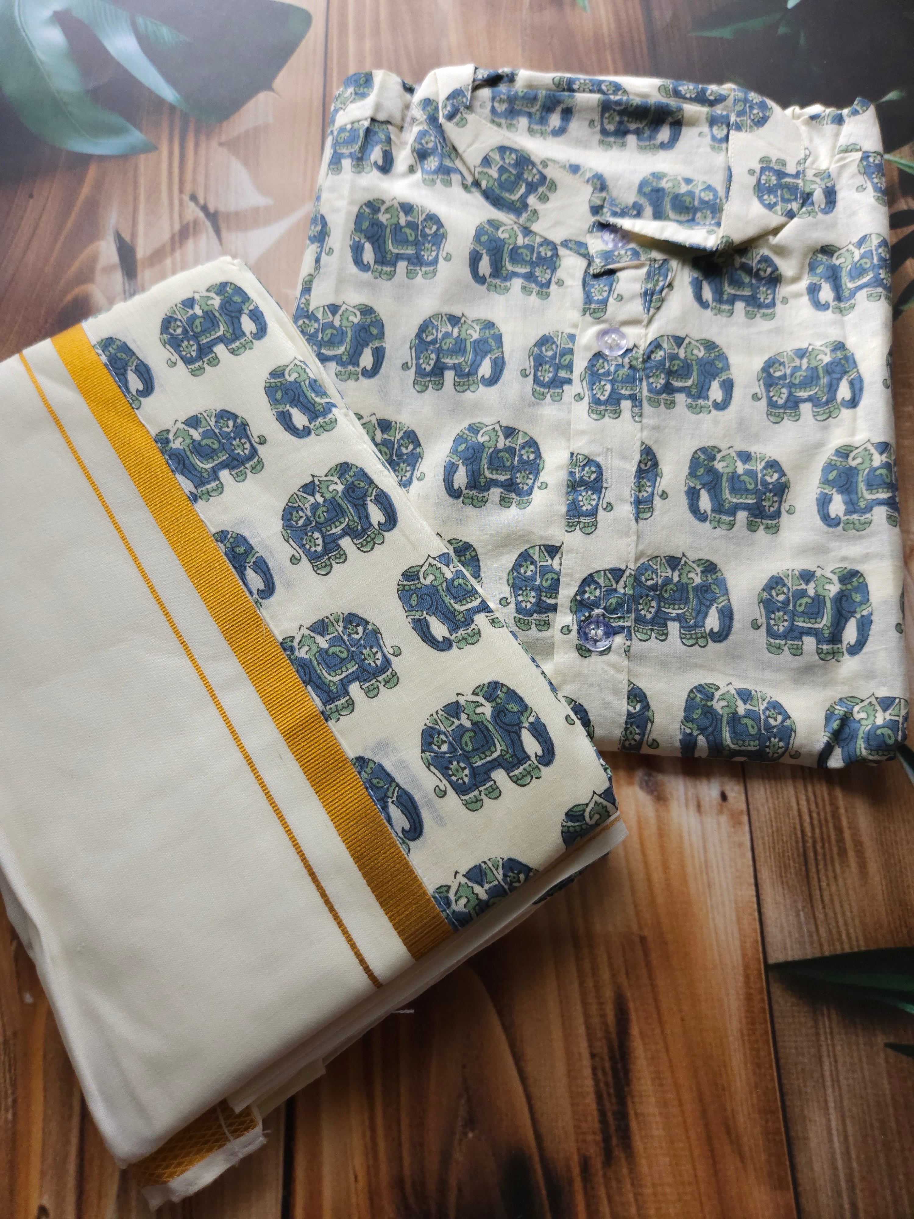 Men's Onam Combo- Shirt + Mundu/ dhoti - Elephant - ATB - All things Beautiful ✨️