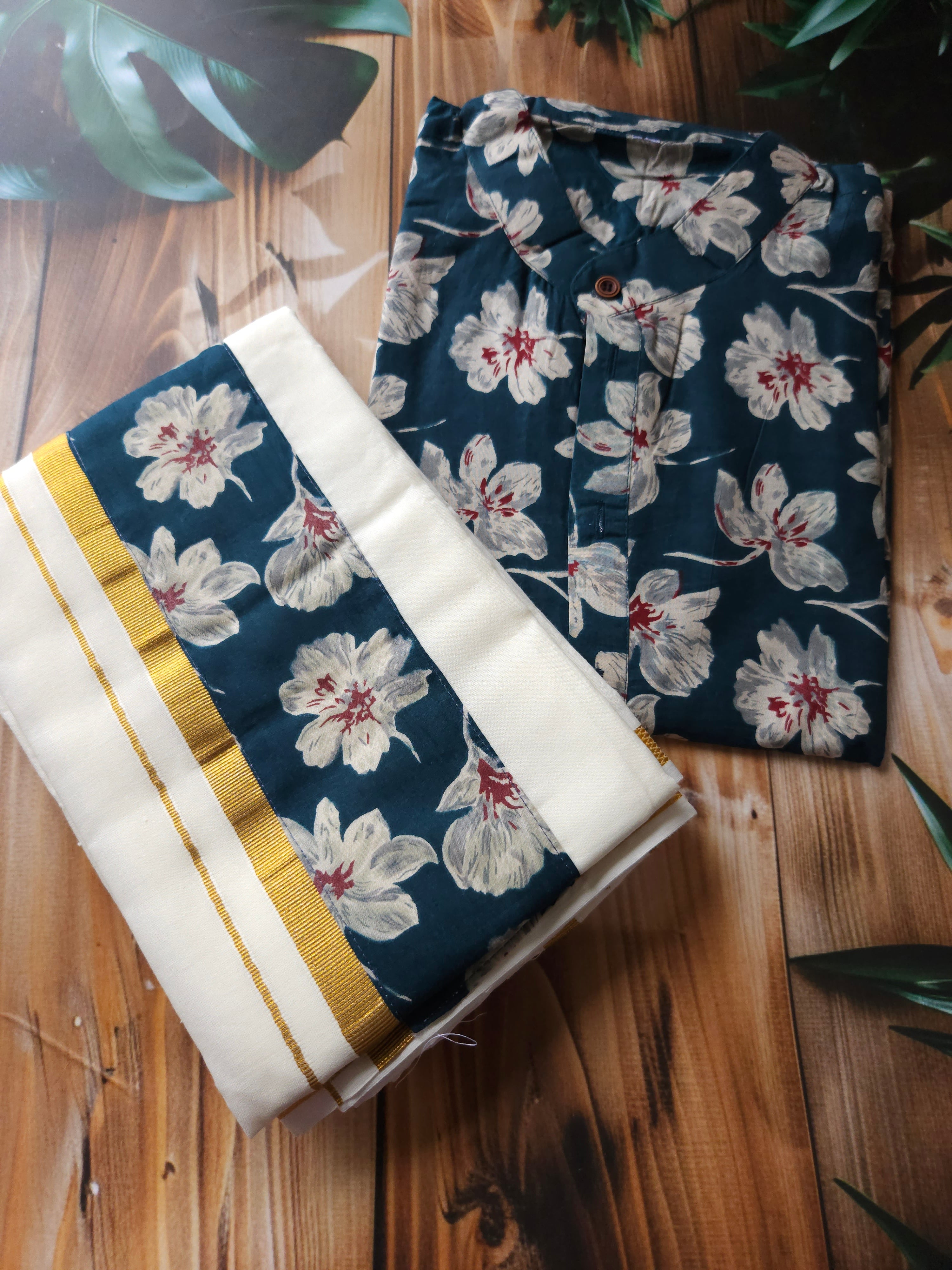 Men's Onam Combo - Shirt + Mundu/ dhoti - Hibiscus - ATB - All things Beautiful ✨️