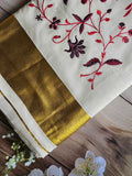 Kerala Kasavu Embroidered Saree - Exquisite Traditional Elegance - All things Beautiful ✨️