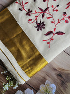 Kerala Kasavu Embroidered Saree - Exquisite Traditional Elegance - All things Beautiful ✨️