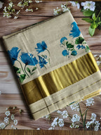 Kerala Kasavu Tissue Saree - Elegant Spray Painted Traditional Wear - All things Beautiful ✨️
