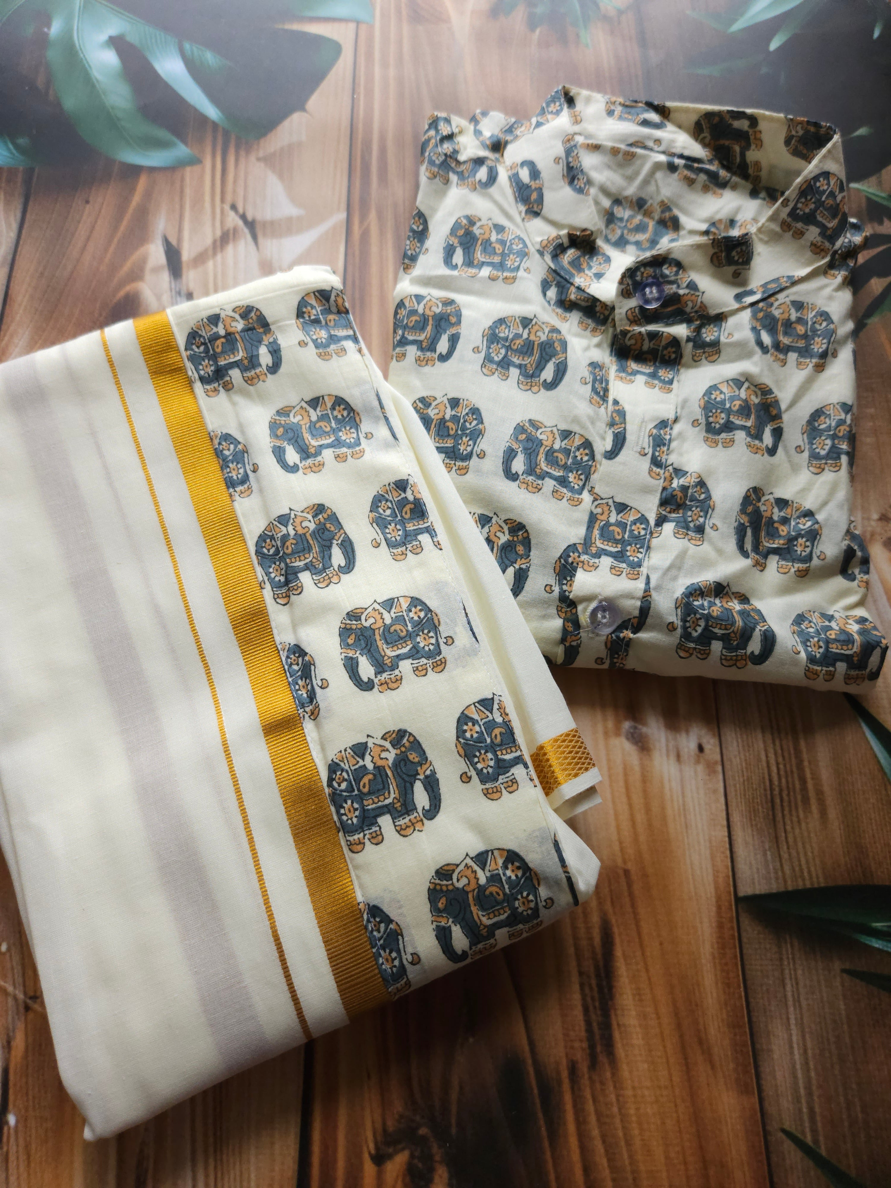 Men's Onam Combo- Shirt + Mundu/ dhoti - Elephant - ATB - All things Beautiful ✨️