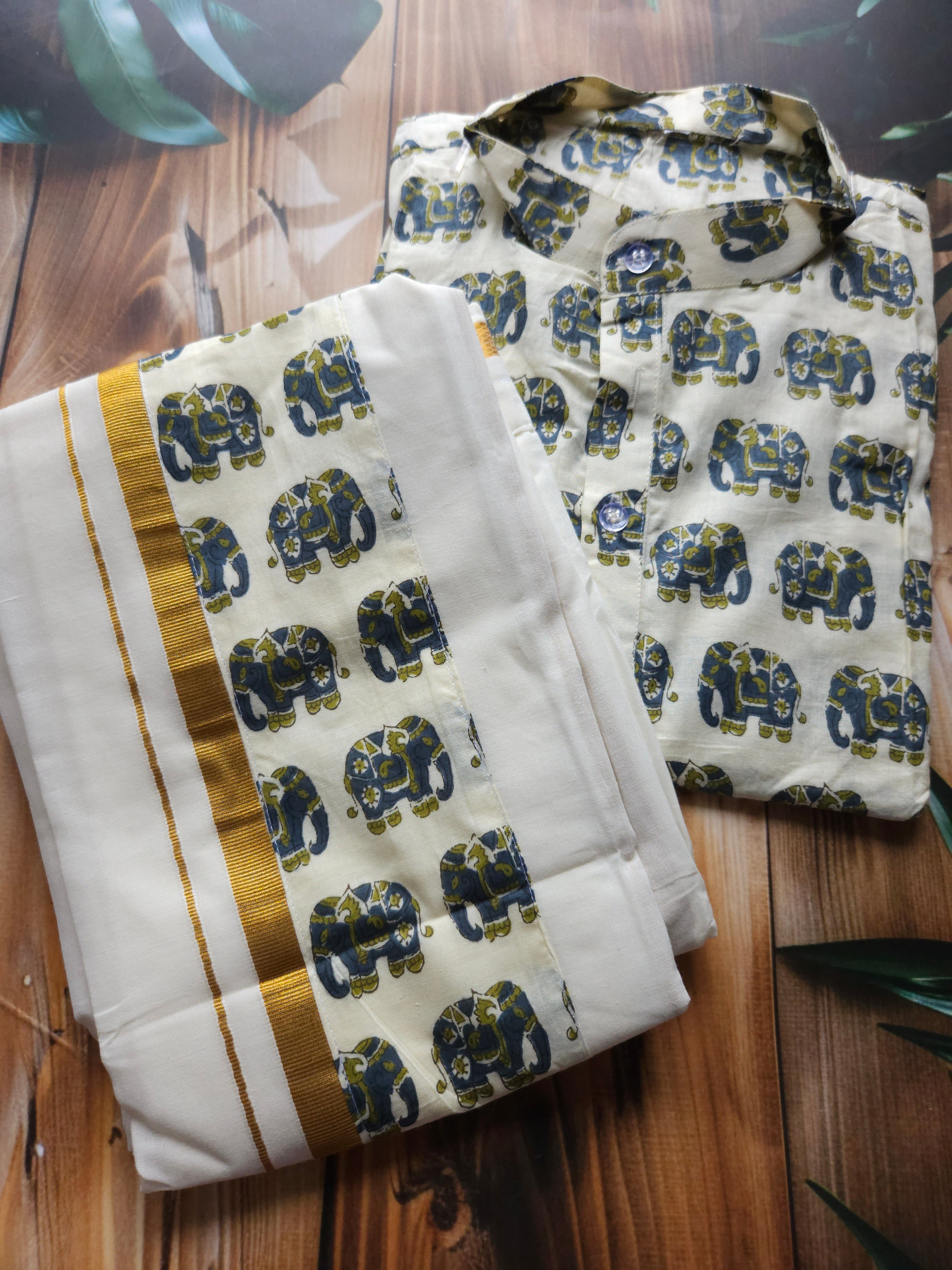 Men's Onam Combo- Shirt + Mundu/ dhoti - Elephant - ATB - All things Beautiful ✨️